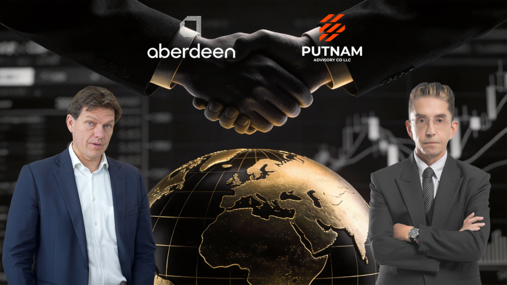 Putnam Advisory Co LLC and Aberdeen Group plc announce strategic collaboration, featuring executive portraits, corporate logos, handshake visual, and global financial background.